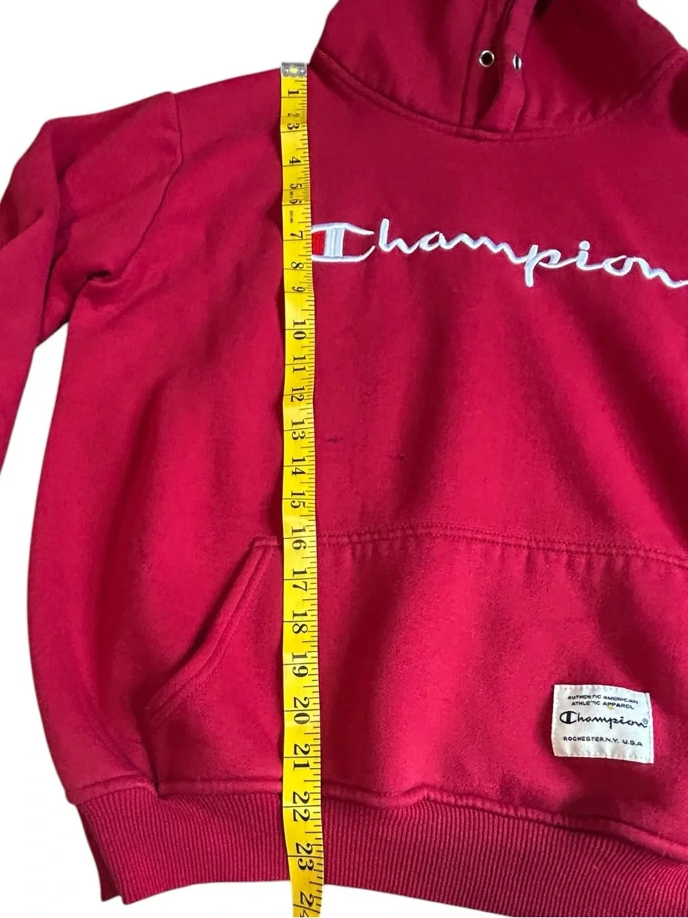 Vintage Champion Spellout Hoodie Red Distressed Y2K Large